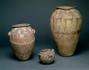Jarrón decorado con varios frisos de animales y patrones geométricos, Egipto, Período Naqada I (4000-3500 a.C.) y Período Naqada II (3500-3100 a.C.)